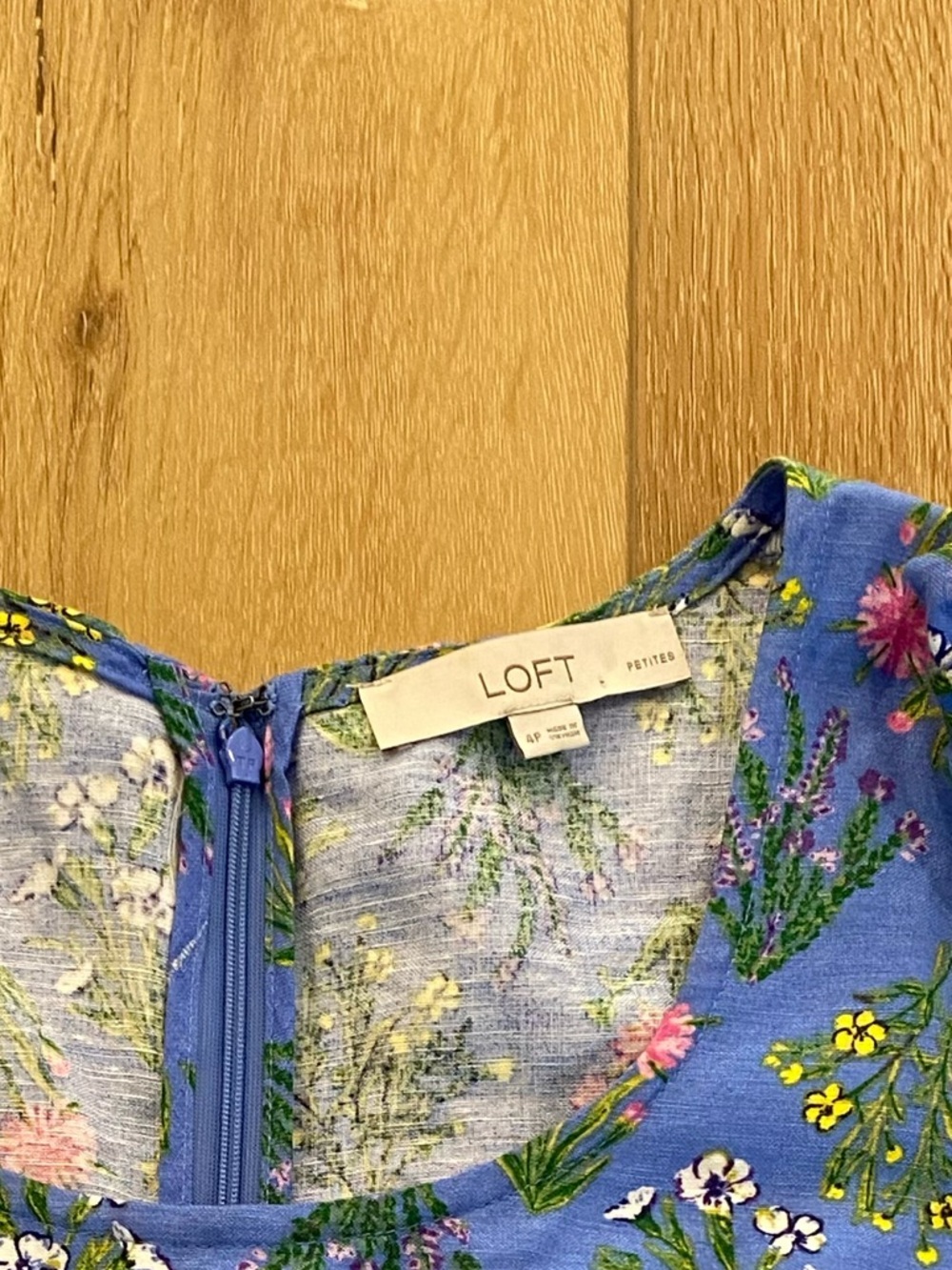 LOFT Dress Women’s 4 Petite Blue Floral Linen Summer Wedding Guest Cottagecore - Picture 10 of 11